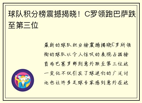 球队积分榜震撼揭晓！C罗领跑巴萨跌至第三位